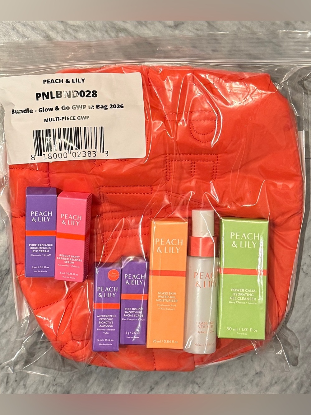 PEACH & LILY Skincare Set Glow & Go ~ 7 Piece Bundle + Orange Bag ~ New K-Beauty
